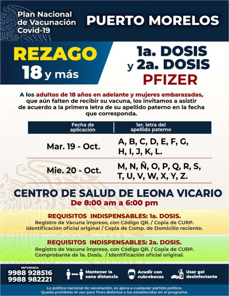 Arranca este martes en Leona Vicario vacunación de primera y segunda dosis  contra Covid-19 para rezagados - Comunicación Social de Puerto Morelos