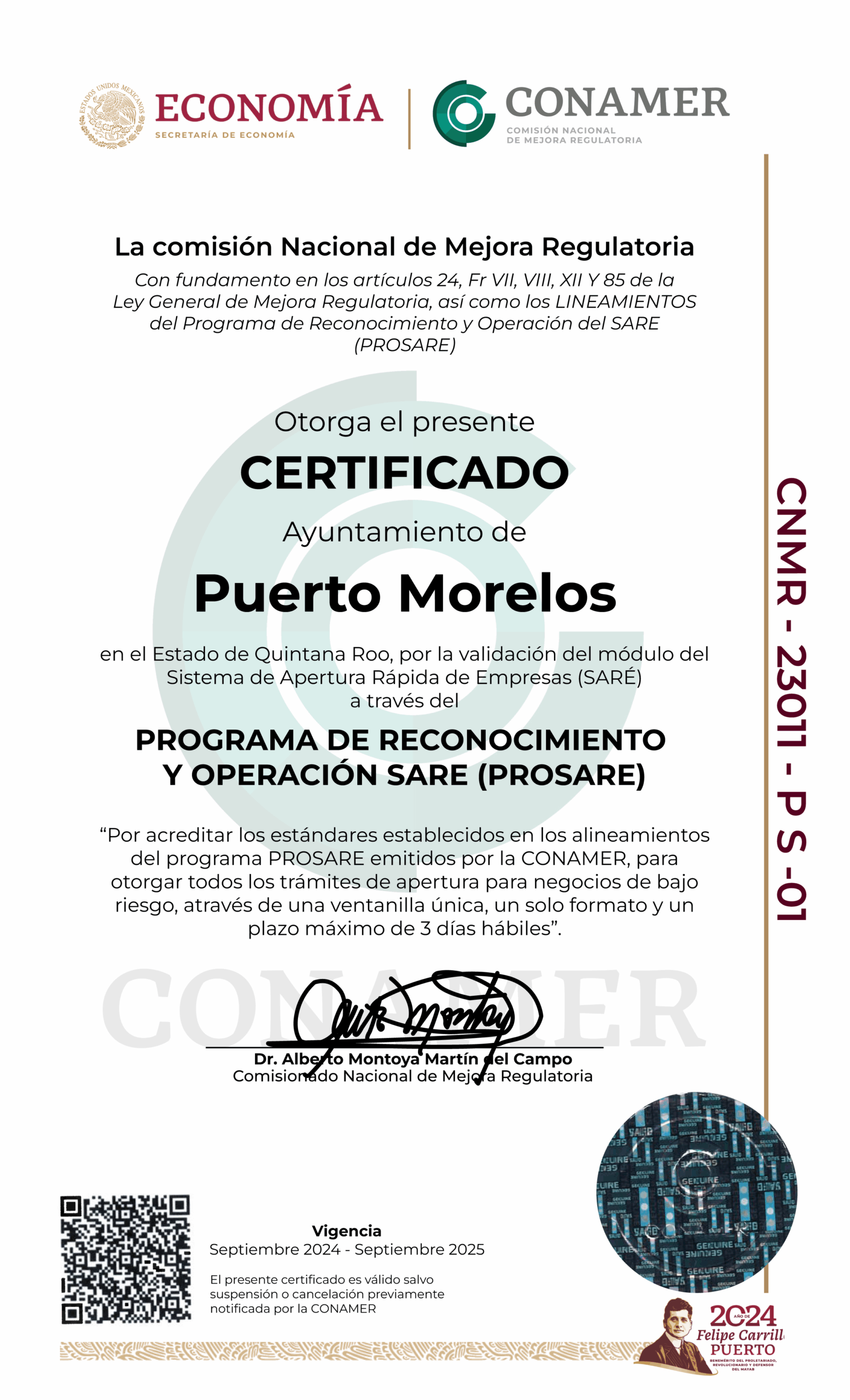 CERTIFICADO PUERTO MORELOS